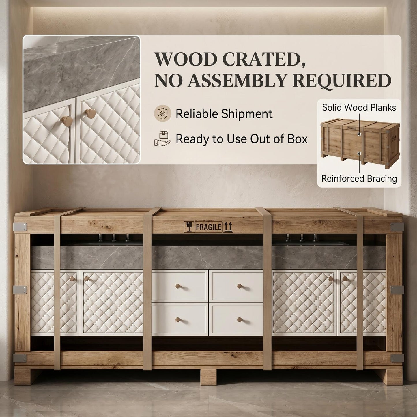 70''-96'' Modern Bathroom Vanity with Sink Double Sink Quilted Doors Quartz-Effect Storage Cabinet