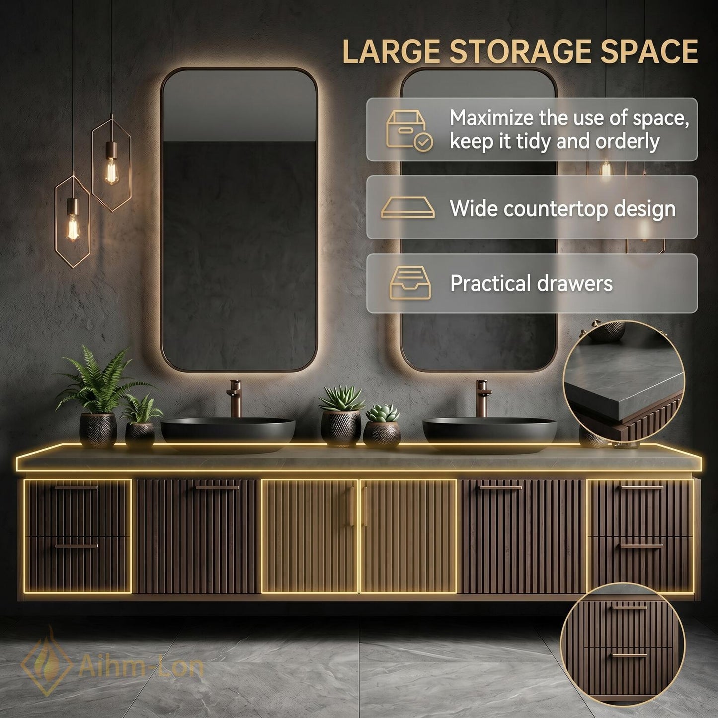 70''-96'' Double Bathroom Vanity with Sink Dark Modern Floating Slatted-Panels Bronze