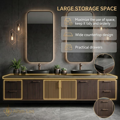 70''-96'' Double Bathroom Vanity with Sink Dark Modern Floating Slatted-Panels Bronze