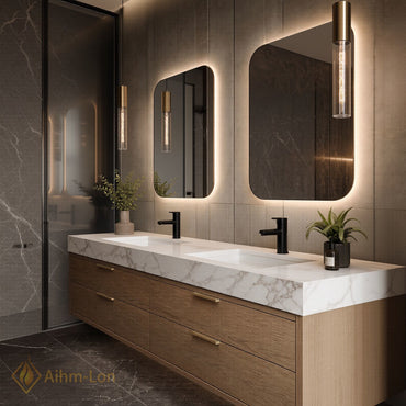 60''-96'' Double Bathroom Vanity with Sink Floating Rectangular Shape White Marble Top