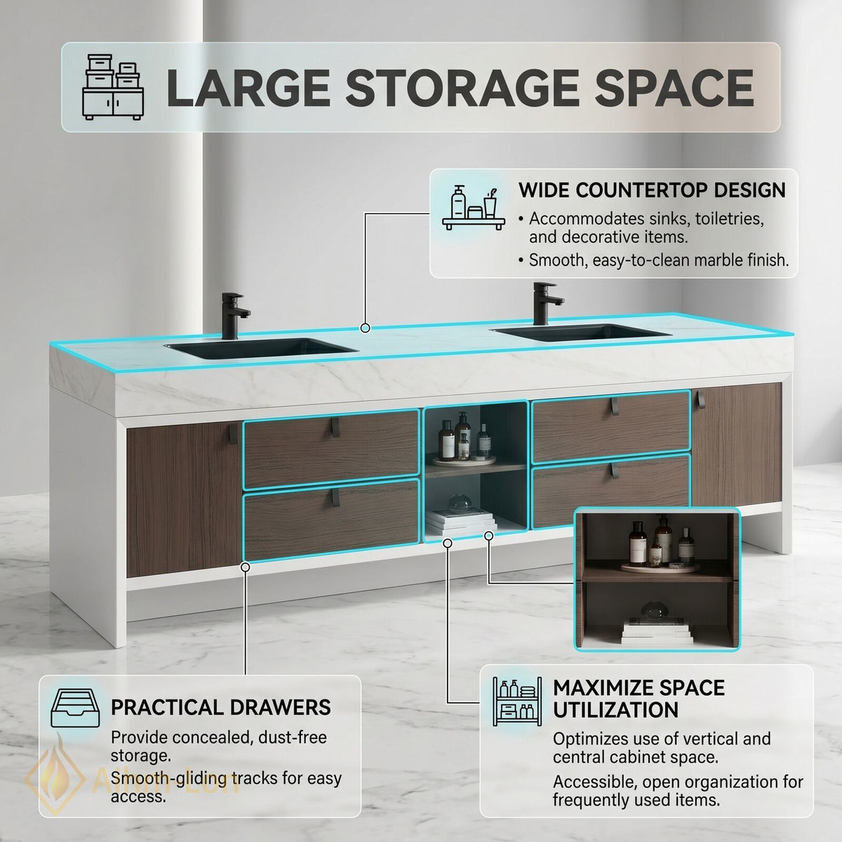 60''-96'' Double Bathroom Vanity with Sink White Marble Top Open Shelving Center