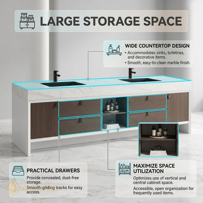 60''-96'' Double Bathroom Vanity with Sink White Marble Top Open Shelving Center