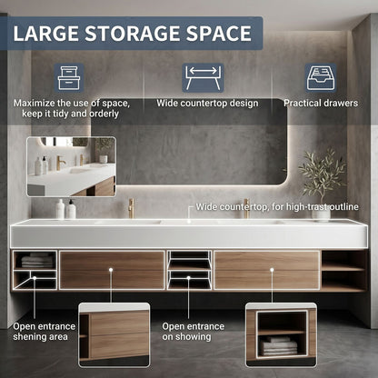 60''-96'' Floating Bathroom Vanity with Sink Minimalist Frame Solid Wood Cabinet Shelving