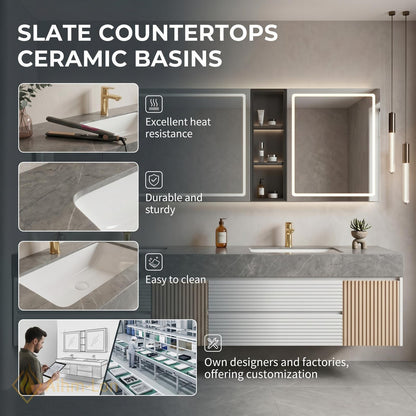 60''-96'' Double Bathroom Vanity with Sink Modern Floating Grey Stone look Top