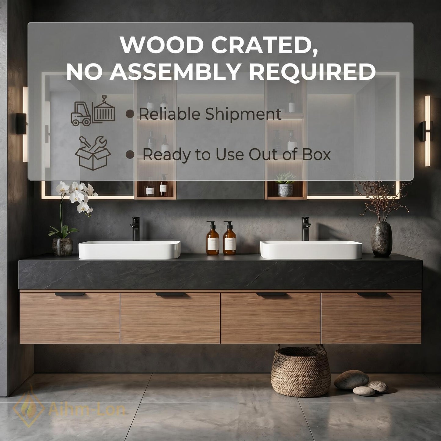 60''-96'' Double Bathroom Vanity with Sink Dark Warm-Wood Modern Floating Stone