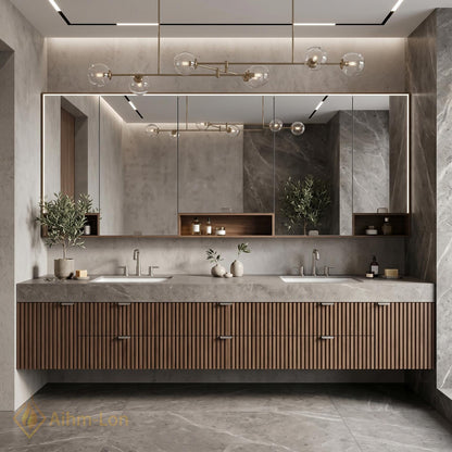 60''-96'' Double Bathroom Vanity with Sink Modern Slatted Wood Panels Stone-Like Countertop