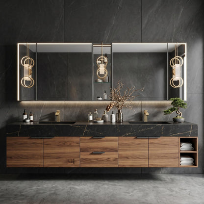 70''-96'' Double Bathroom Vanity with Sink Wall-Mounted Dark Marble Glass Mirror Wood Cabinet