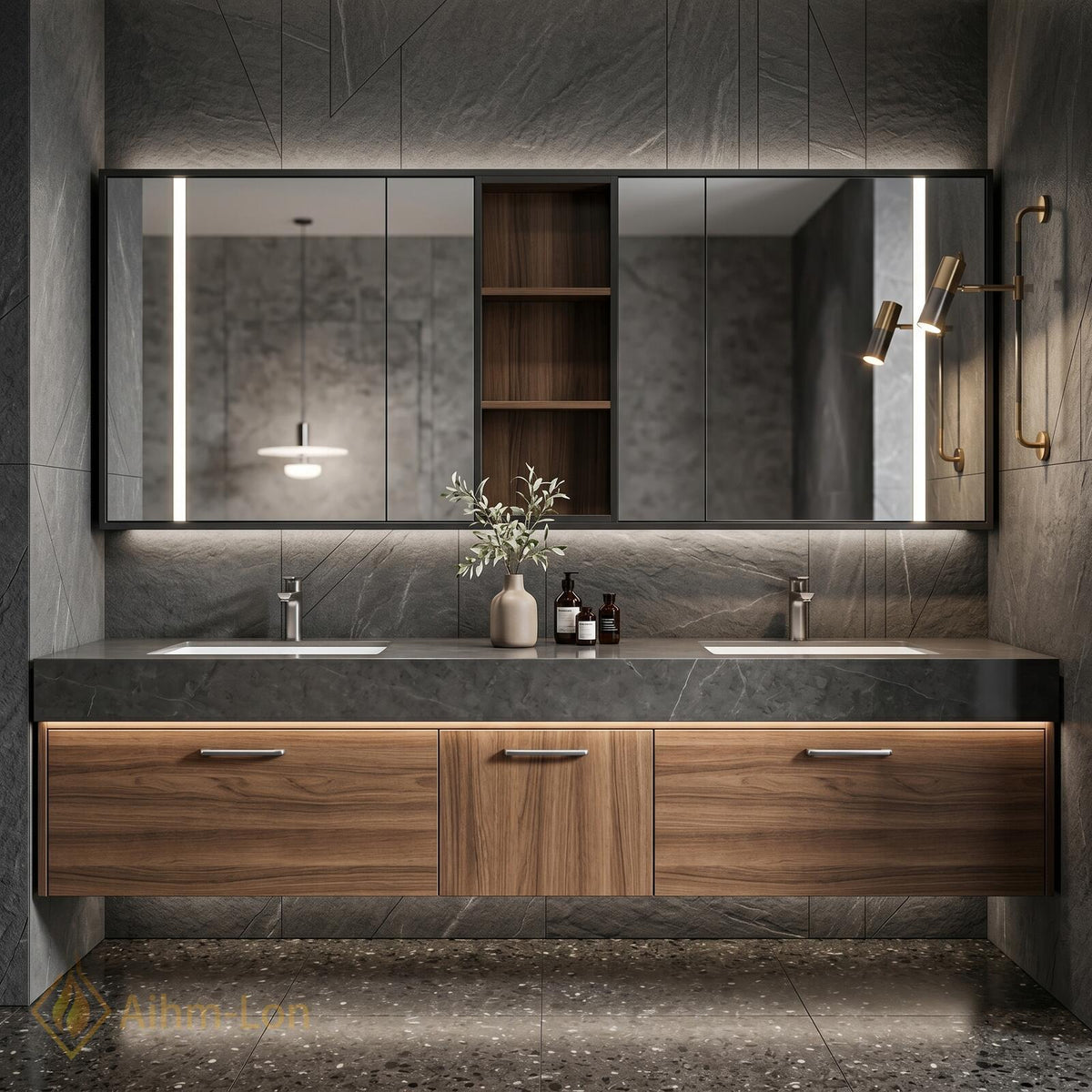 60''-96'' Double Bathroom Vanity with Sink Slatted Front Panel Dark Finish Cabinet