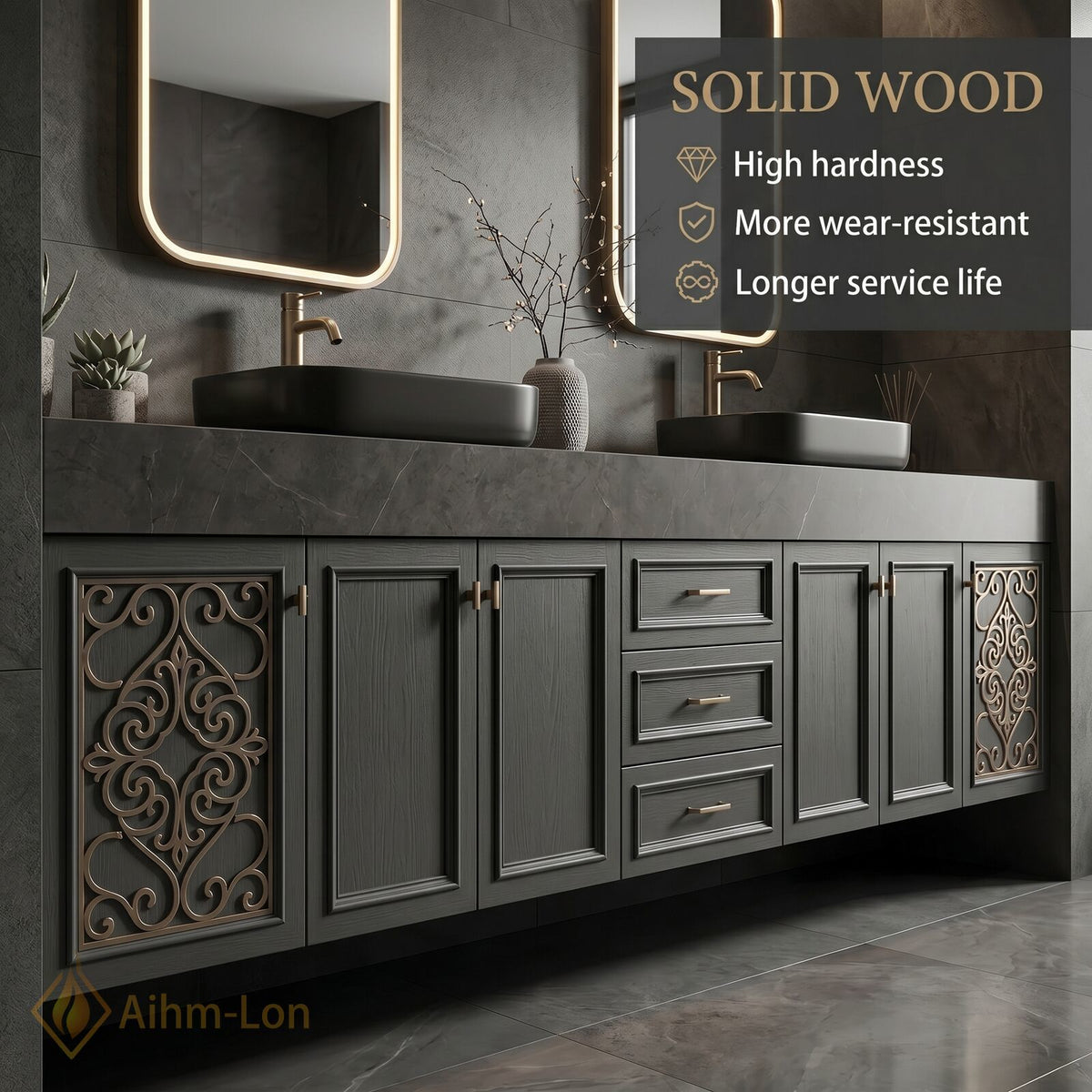 78''-96'' Double Bathroom Vanity with Sink Dark Slate Finish Slatted Center Panel