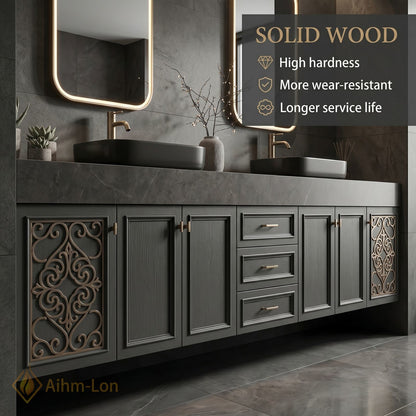 78''-96'' Double Bathroom Vanity with Sink Dark Slate Finish Slatted Center Panel