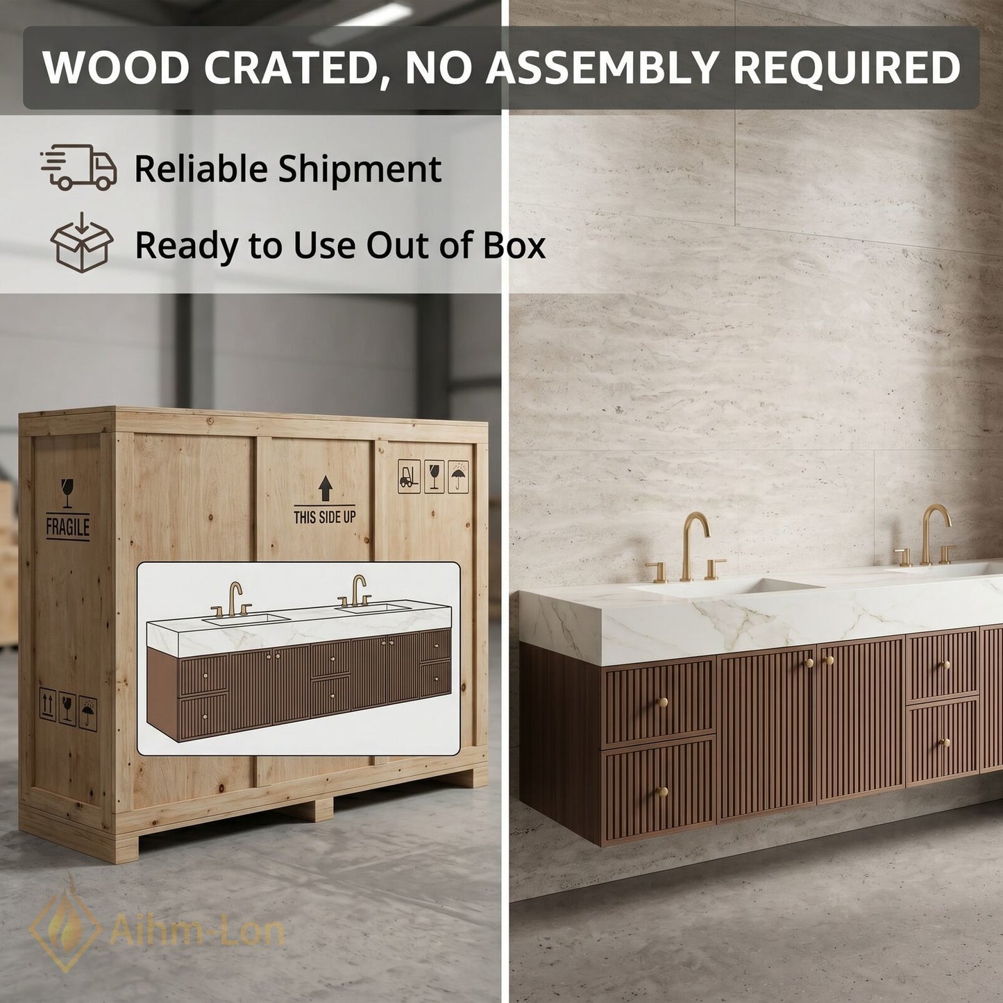 76''-96'' Double Bathroom Vanity with Sink Modern Ridge Panel Wood Texture Illuminated