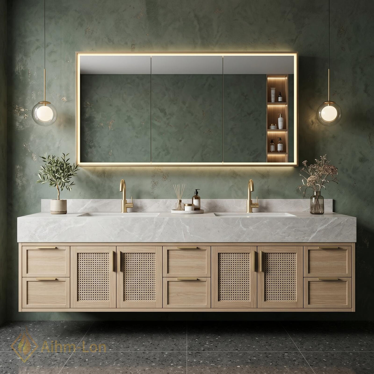 60''-96'' Double Bathroom Vanity with Sink Light Oak Finish Woven Rattan Panels