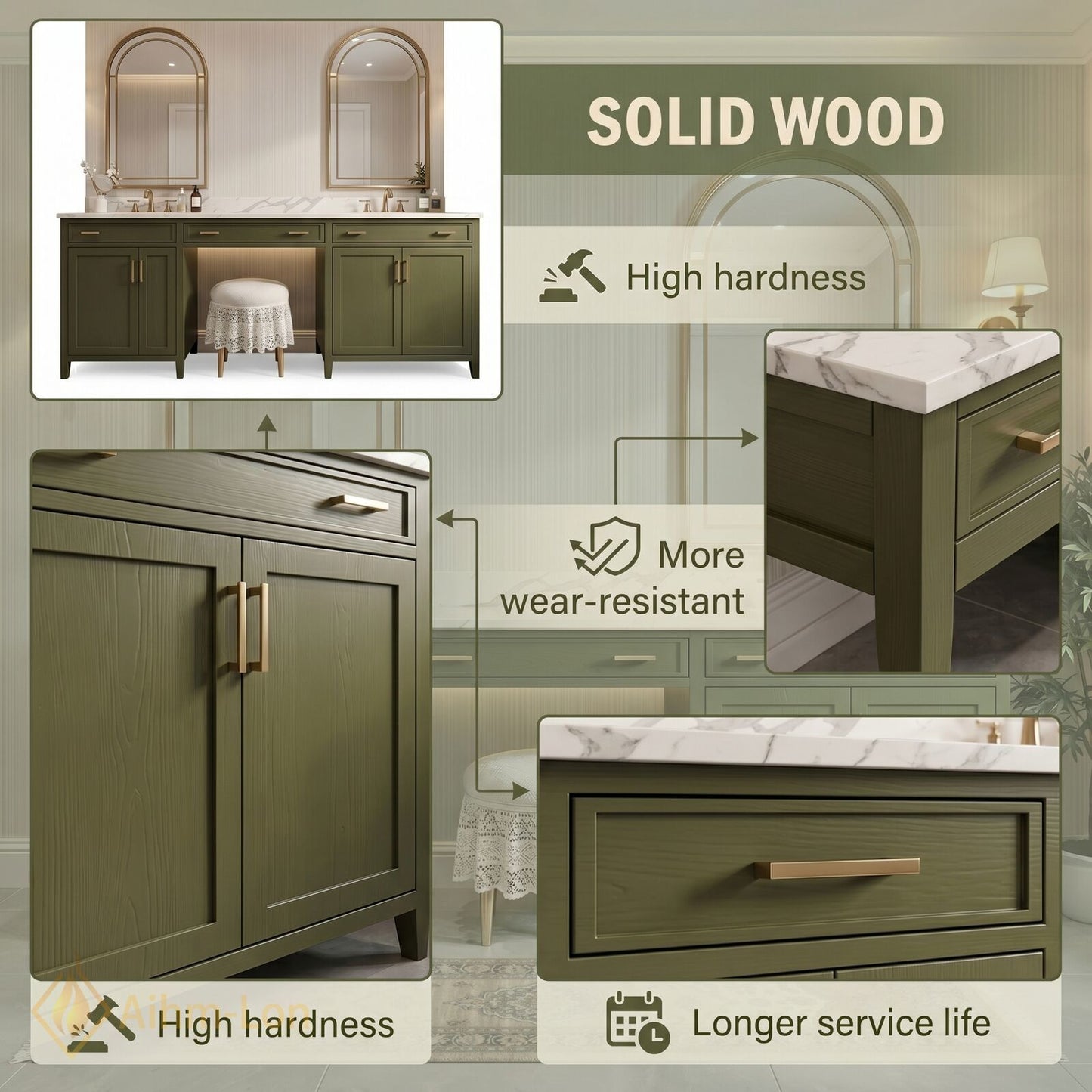 70''-96'' Modern Bathroom Vanity with Sink Split Frame Solid Wood Texture Two Drawers