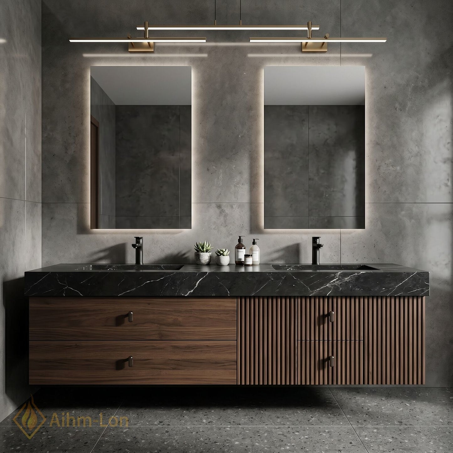 60''-96'' Double Bathroom Vanity with Sink Slat-Front Lower Cabinet Wall-Mounted Slat Dark