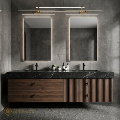60''-96'' Double Bathroom Vanity with Sink Slat-Front Lower Cabinet Wall-Mounted Slat Dark