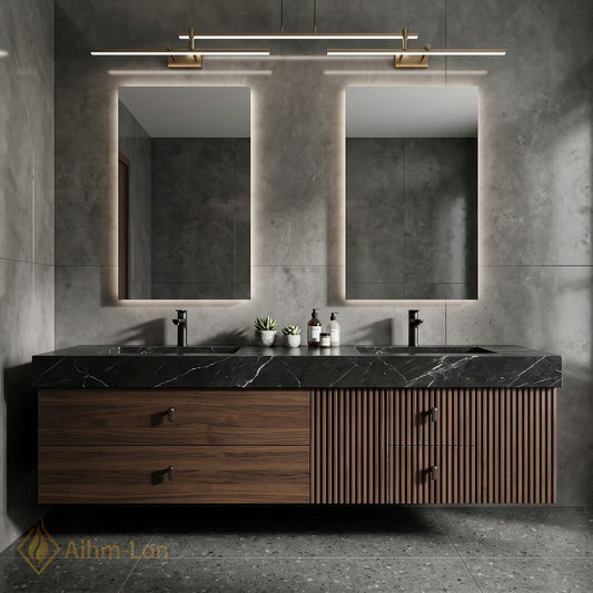 60''-96'' Double Bathroom Vanity with Sink Slat-Front Lower Cabinet Wall-Mounted Slat Dark