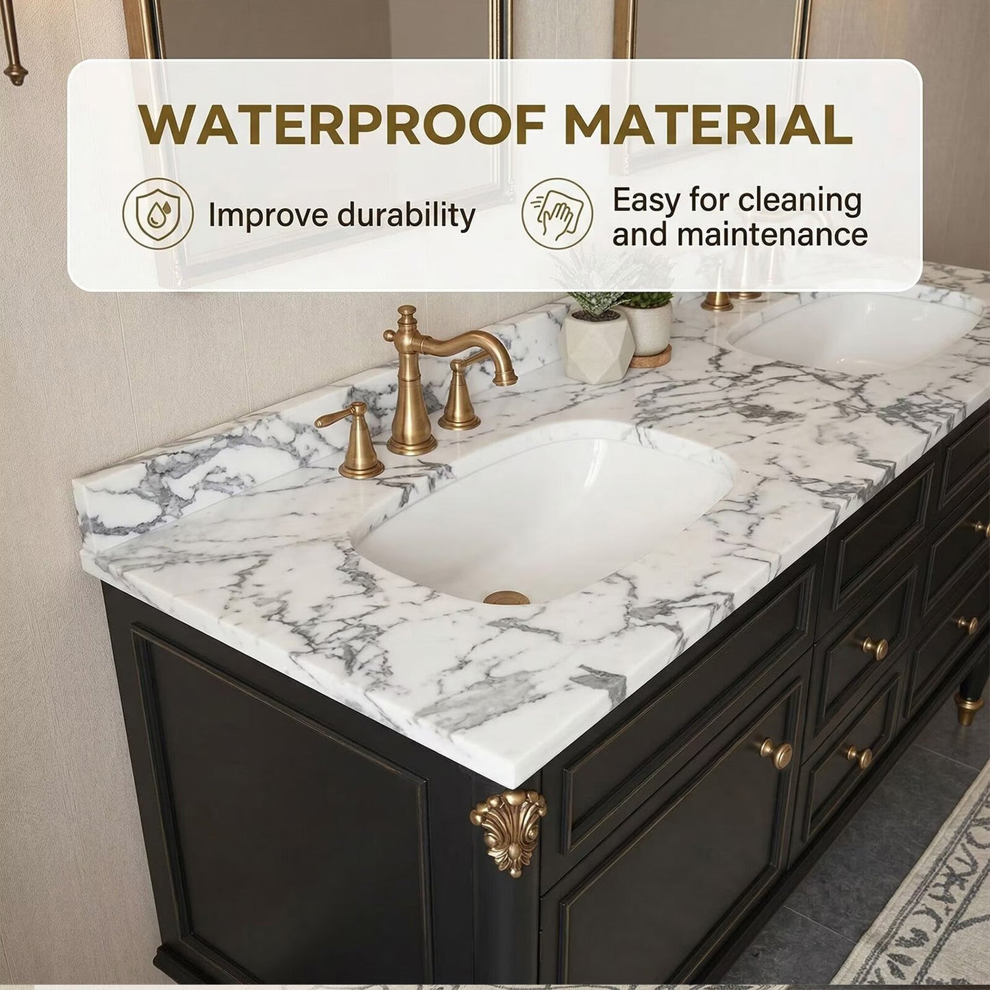 60"-96"Black Double Sink Bathroom Vanity with Marble Top & Gold Accents