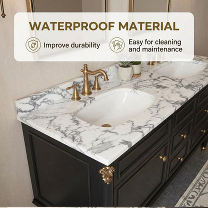 60"-96"Black Double Sink Bathroom Vanity with Marble Top & Gold Accents