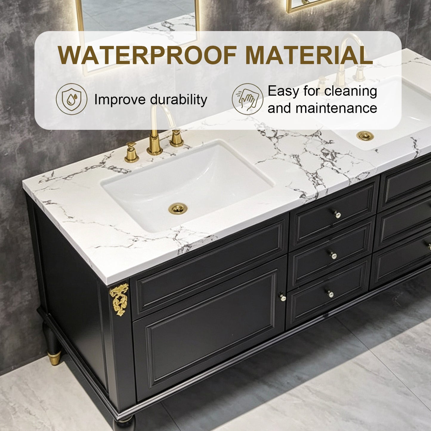 60"-96"Black Double Sink Bathroom Vanity with Marble Top & Gold Accents