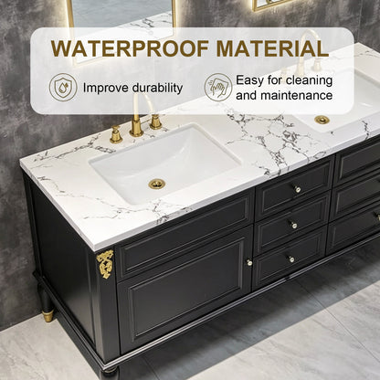 60"-96"Black Double Sink Bathroom Vanity with Marble Top & Gold Accents
