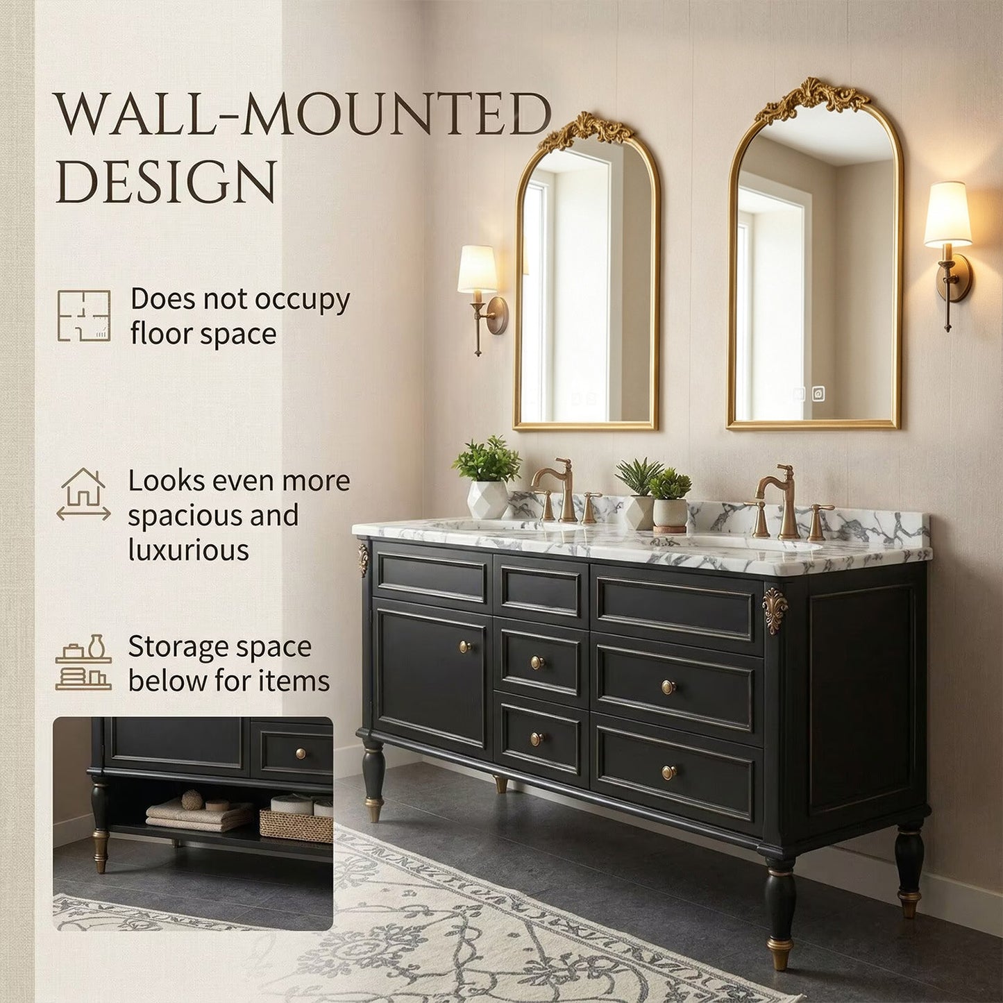 60"-96"Black Double Sink Bathroom Vanity with Marble Top & Gold Accents