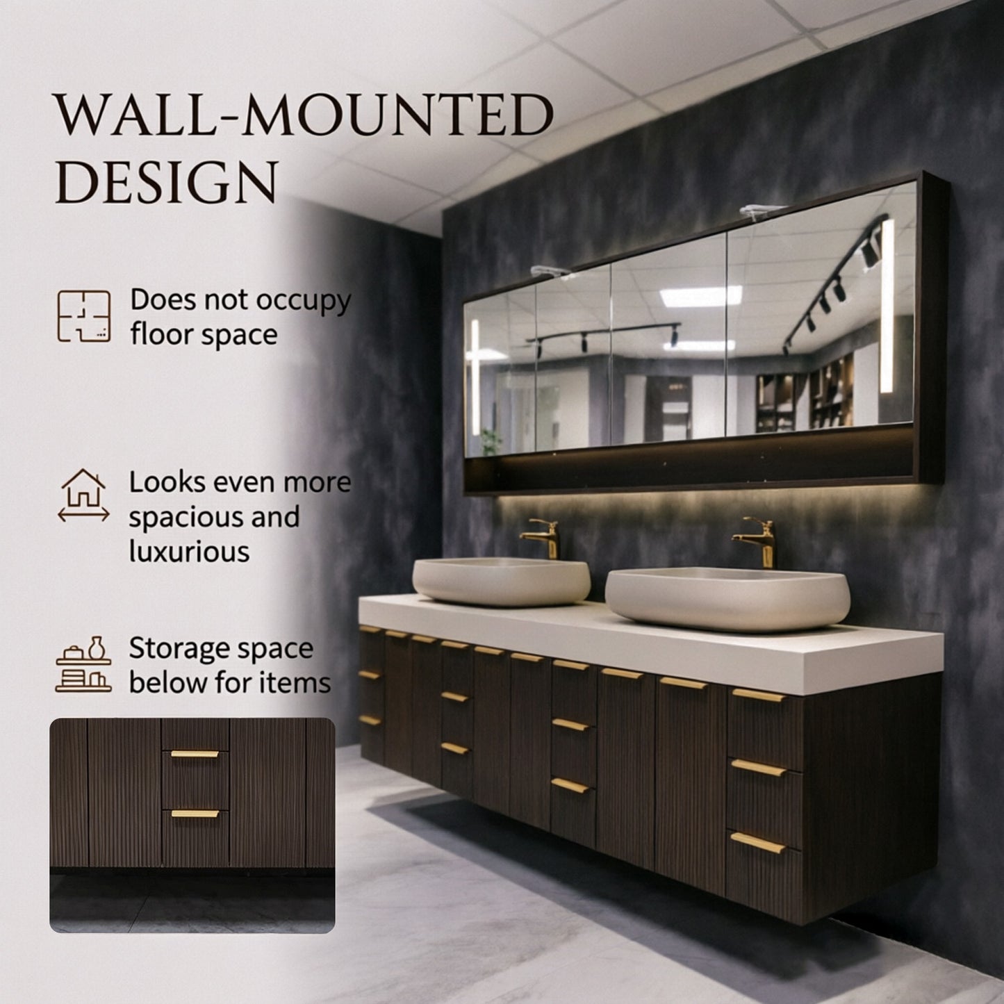 88'' Double Bathroom Vanity Floating Wall-Mounted, Smart Backlit Mirror Cabinet