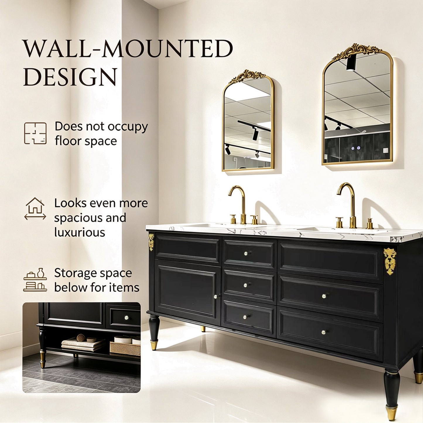60"-96"Black Double Sink Bathroom Vanity with Marble Top & Gold Accents
