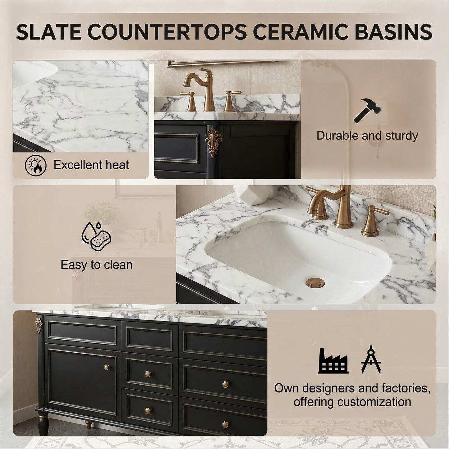 60"-96"Black Double Sink Bathroom Vanity with Marble Top & Gold Accents