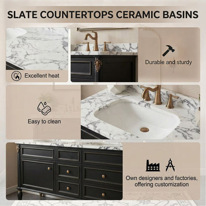 60"-96"Black Double Sink Bathroom Vanity with Marble Top & Gold Accents