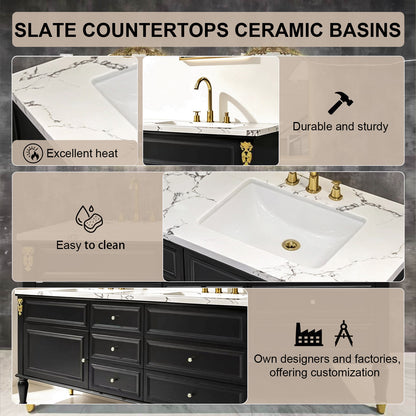 60"-96"Black Double Sink Bathroom Vanity with Marble Top & Gold Accents