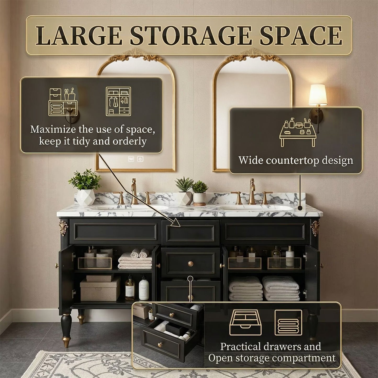60"-96"Black Double Sink Bathroom Vanity with Marble Top & Gold Accents