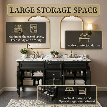 60"-96"Black Double Sink Bathroom Vanity with Marble Top & Gold Accents
