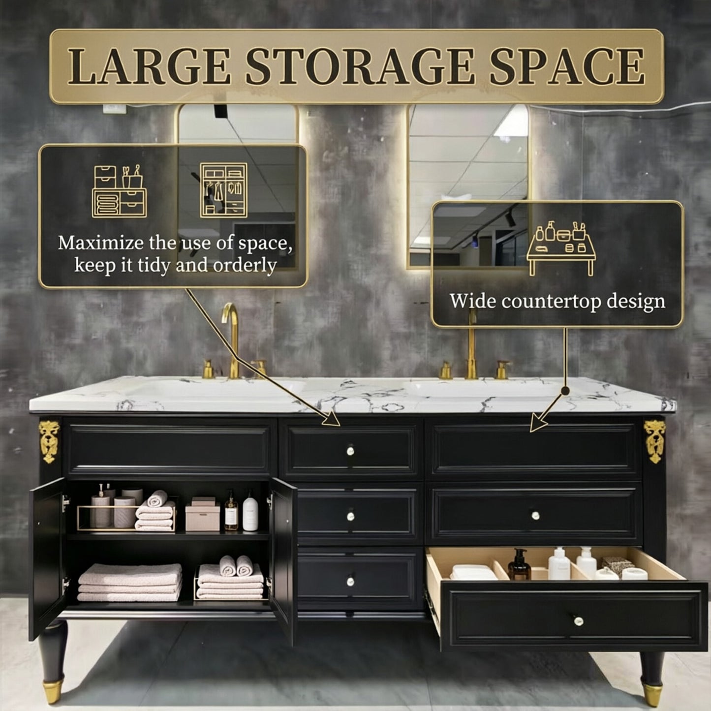 60"-96"Black Double Sink Bathroom Vanity with Marble Top & Gold Accents