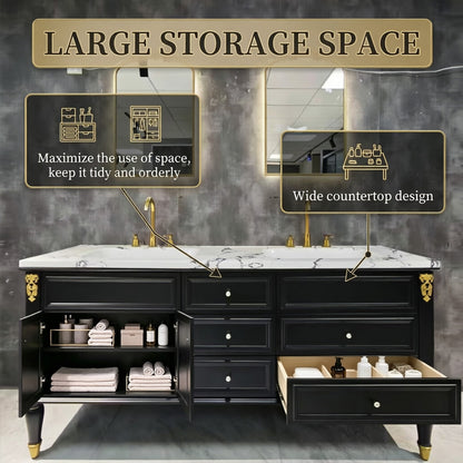 60"-96"Black Double Sink Bathroom Vanity with Marble Top & Gold Accents