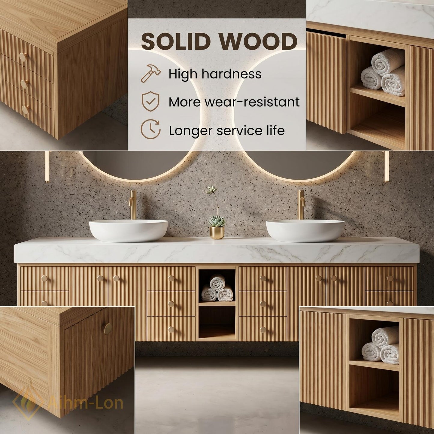 78''-96'' Double Bathroom Vanity with Sink Light-Wood Modern Floating Grain Slatted