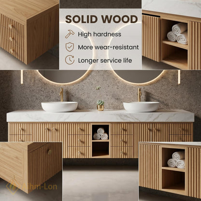 78''-96'' Double Bathroom Vanity with Sink Light-Wood Modern Floating Grain Slatted
