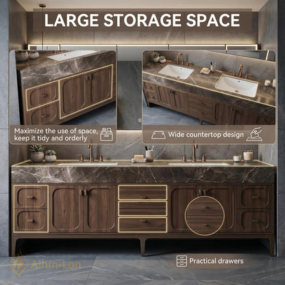 60''-96'' Double Bathroom Vanity with Sink Mid-Century Modern Dark Walnut Solid Base