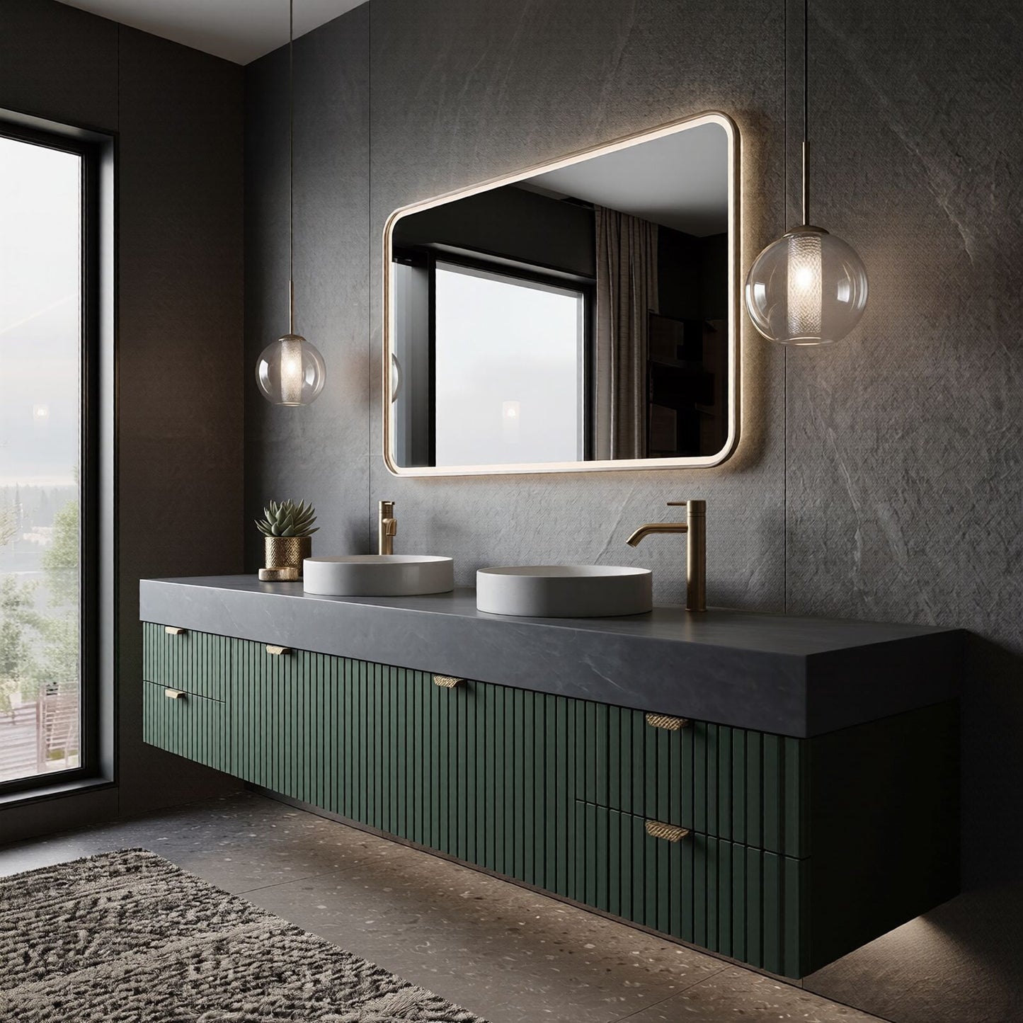 60''-96'' Double Bathroom Vanity with Sink Green Slatted Dark Grey Marble Top Cabinet