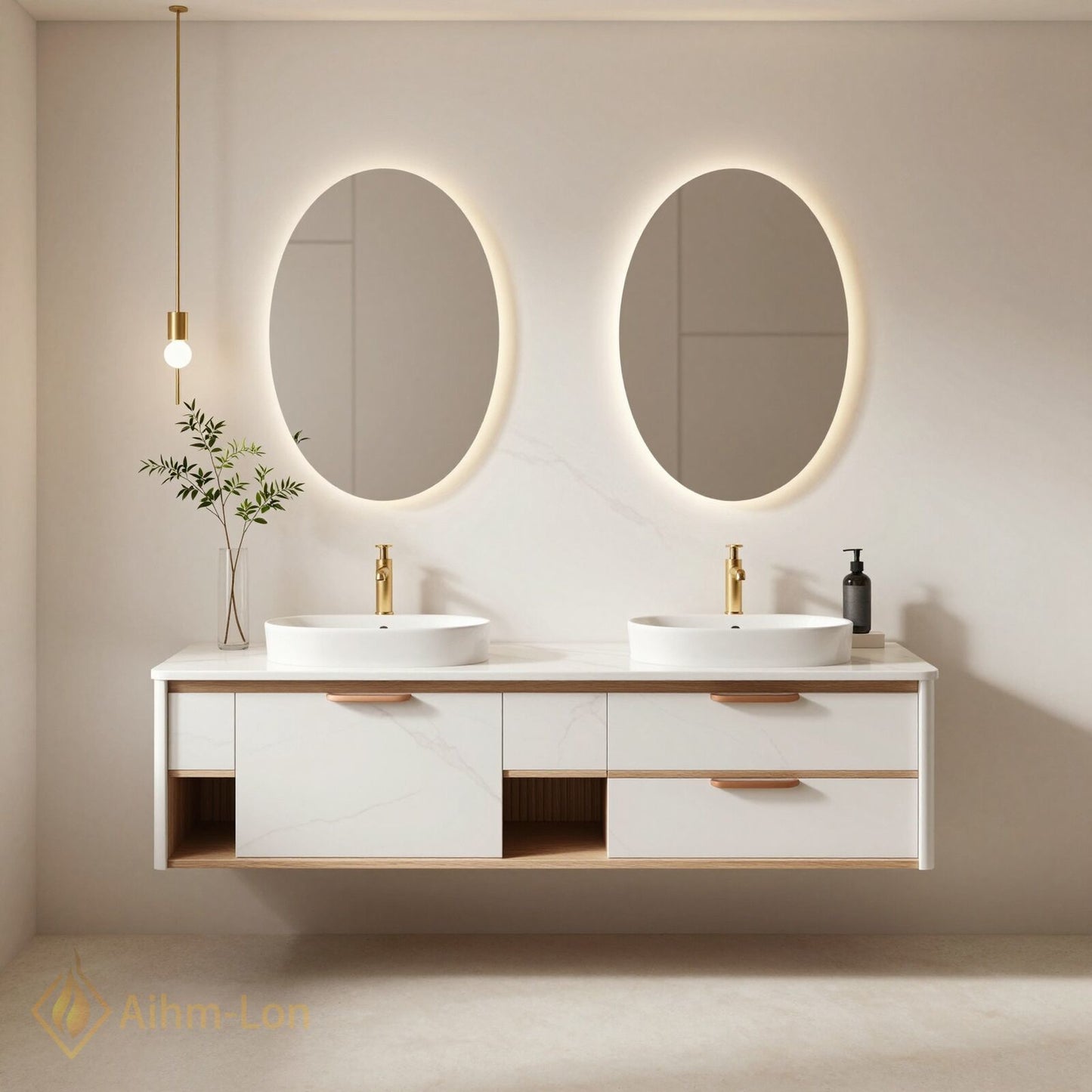 60''-96'' Floating Bathroom Vanity with Sink Double Basin Marble Pattern Finish Storage
