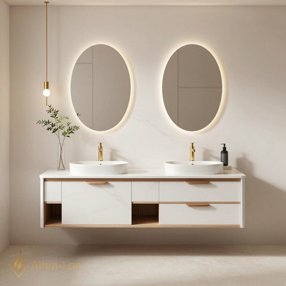 60''-96'' Floating Bathroom Vanity with Sink Double Basin Marble Pattern Finish Storage