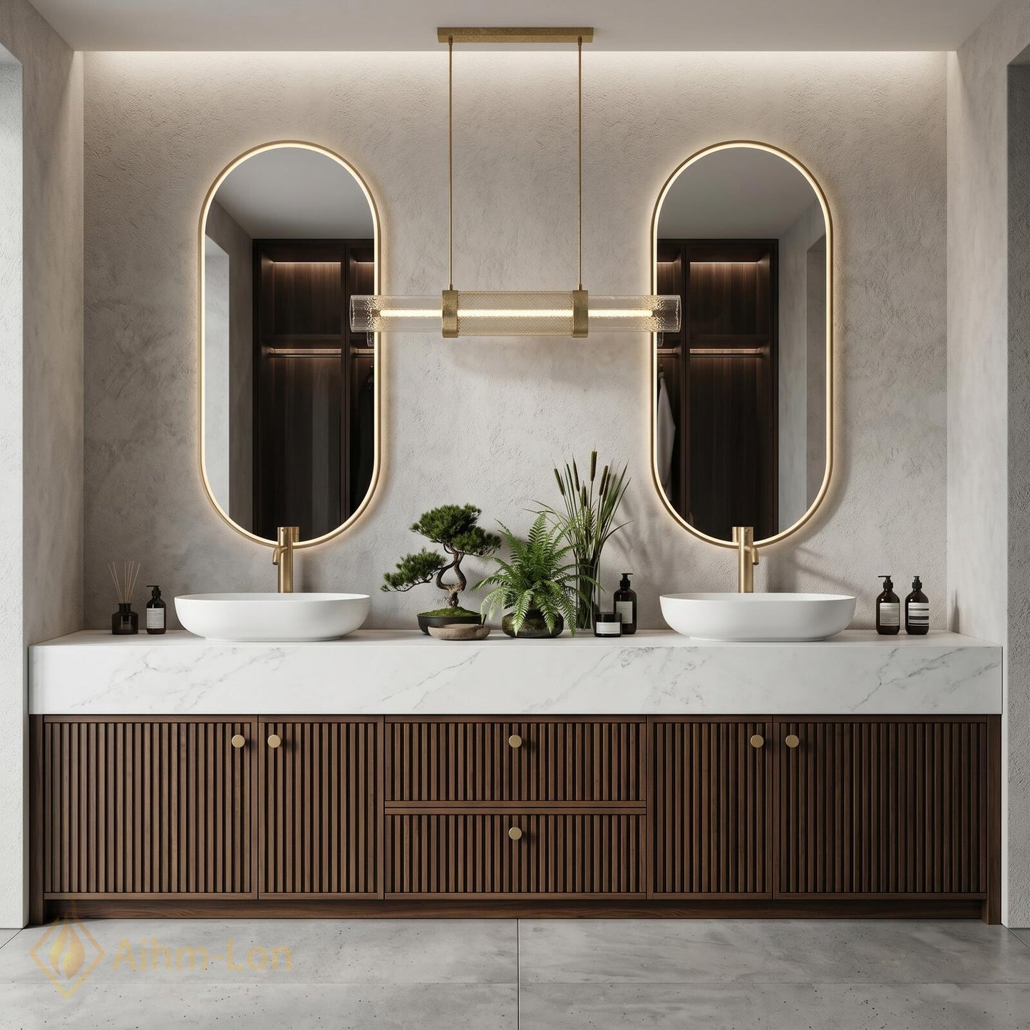 60''-96'' Double Bathroom Vanity with Sink Dark-Walnut Modern Floating Slatted-Panels