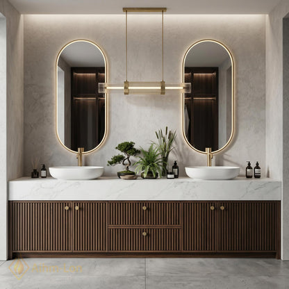 60''-96'' Double Bathroom Vanity with Sink Dark-Walnut Modern Floating Slatted-Panels