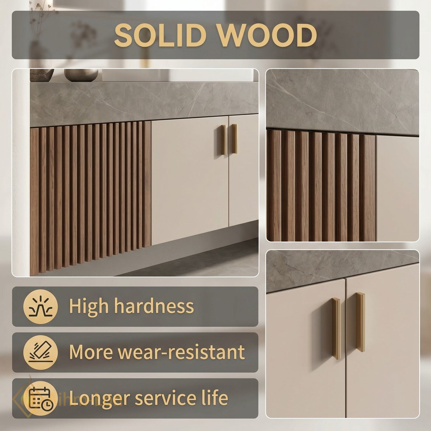 60''-96'' Double Bathroom Vanity with Sink Grey Modern Stone-Top Slatted Wood Panels
