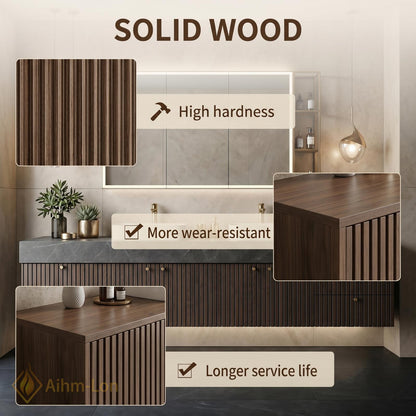 60''-96'' Double Bathroom Vanity with Sink Dark Walnut Slatted Open Shelving Cabinet
