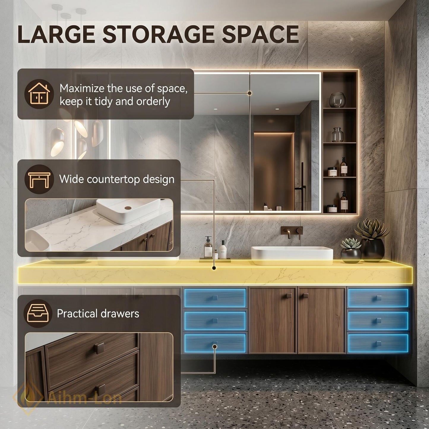76''-96'' Modern Double Bathroom Vanity with Sink Wall-Mounted Dark Walnut Open Shelving