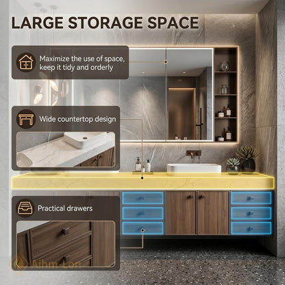 76''-96'' Modern Double Bathroom Vanity with Sink Wall-Mounted Dark Walnut Open Shelving