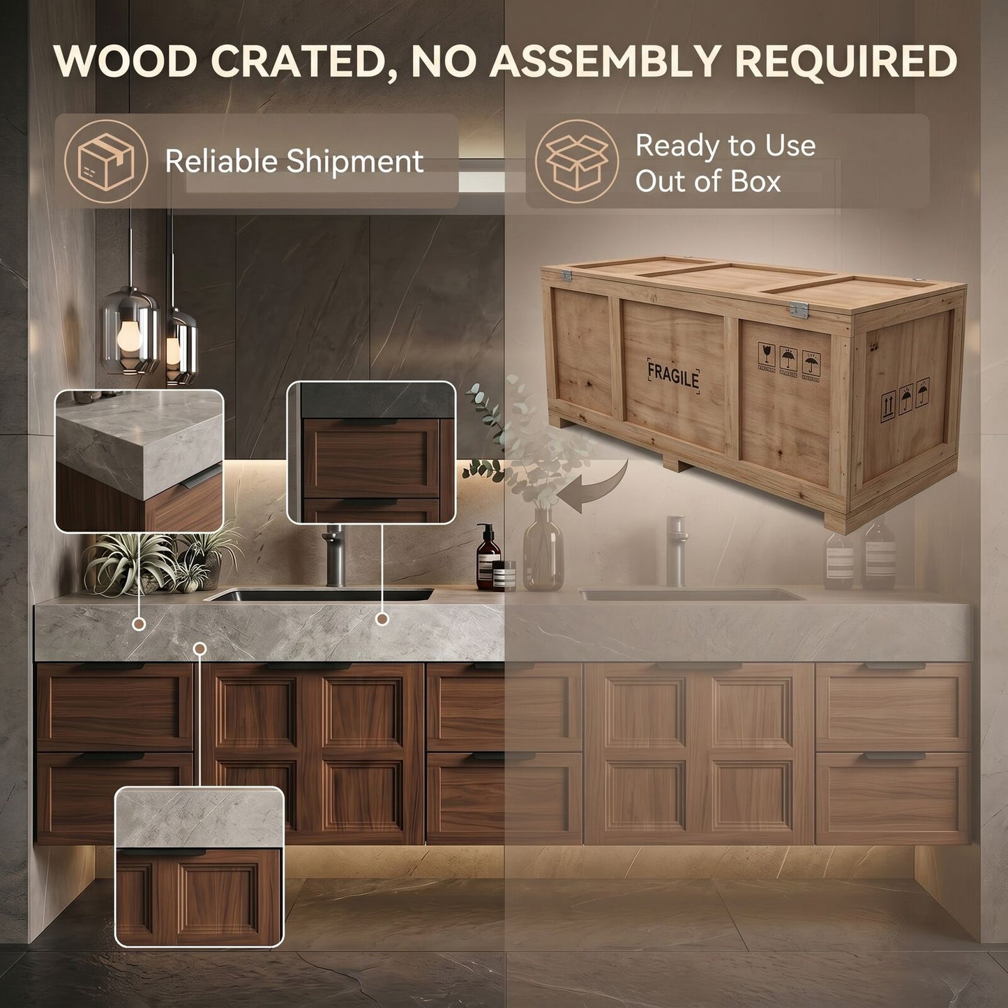 78''-96'' Modern Bathroom Vanity with Sink Double Sink Dark Grey Marble Floating Cabinet