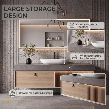 36''-110'' Floating Bathroom Vanity with Sink Riveted Slats Open Niche Slate Top