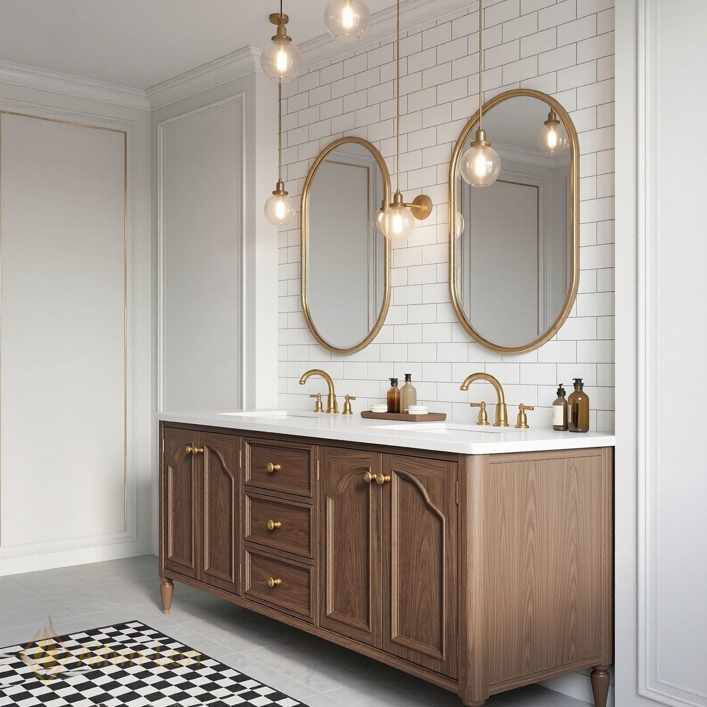 70''-96'' Double Bathroom Vanity with Sink Arched Panel Doors Solid Wood Central Drawer