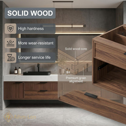 76''-96'' Double Bathroom Vanity with Sink Dark-Walnut Wood Modern Floating Basin